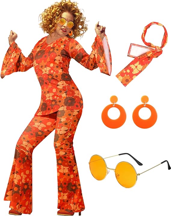 Yubnlvae 6 Pcs Women's 70s Outfits For Women Hippie Party Retro Clothing Tassel Vest Pants Headscarf Earrings Glasses Necklace Accessories Set Green, Mardi Gras